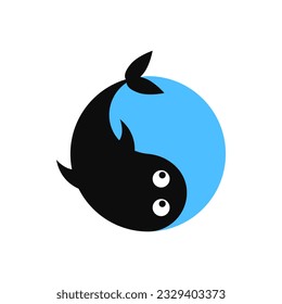 Round logo with a large cartoon fish swimming in the water. Vector design.