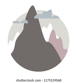 Round logo with a mountain and clouds. In the gray-beige blue range. Vector on white background.