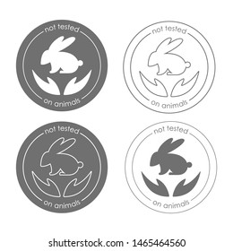 Round logo not tested on animals. Hands and rabbit. Line icon. Isolated on white background