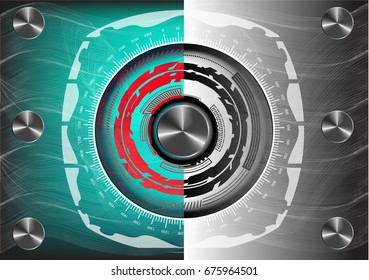 Round logo on a turquoise and gray background