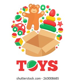 Round logo with open brown box teddy bear and toys sample text