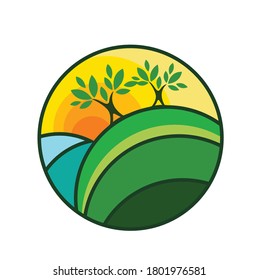 Round logo for organic farms depicting the sun and fields. eco sun