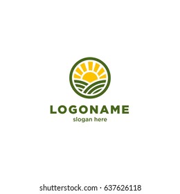 Round logo for organic farms depicting the sun and fields.