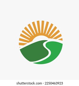 Round logo with rising sun sky and meadows. Vector stock illustration.
