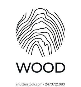 Round logo slab, cut of wood for carpentry workshop, wood products. Modern colourless minimalist icon abstract wood texture in black and white. Hand drawn. Vector EPS10