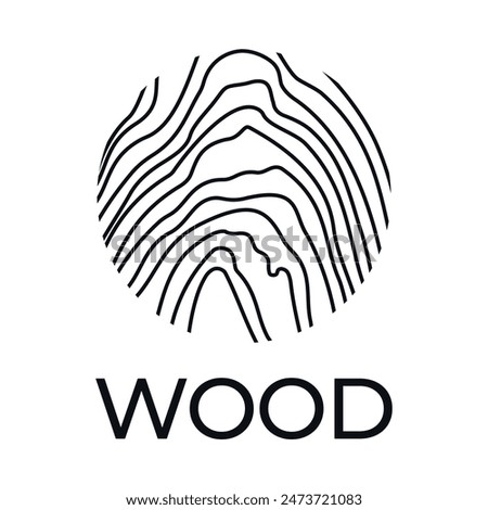 Round logo slab, cut of wood for carpentry workshop, wood products. Modern colourless minimalist icon abstract wood texture in black and white. Hand drawn. Vector EPS10