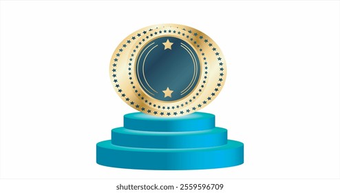 Round logo with stars and cinema films. Eps9 vector illustration. Isolated on white background, Podium for first, second, third place with laurel, number and text. Gold, silver and bronze ranks