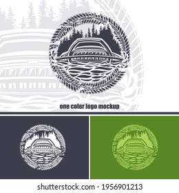 Round logo with an SUV on a forest background and wheel prints. Monochrome layout.