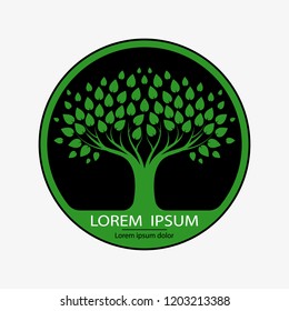 Round logo with a tree, green and black logo, symbol of life, fertility, harvest. Vegetable logo isolated on white. Vector illustration. EPS10