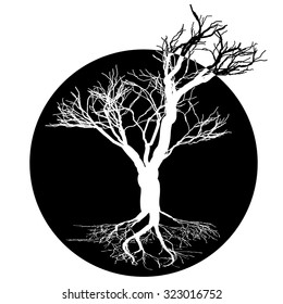 Round logo a tree with roots and crown without leaves
