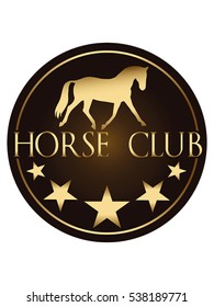 Round logo vector image of golden horse & stars on a dark background. Horse logo template. Logo element, icon. Suitable for riding dressage school, farm, ranch, stable, club logo, visiting card. 