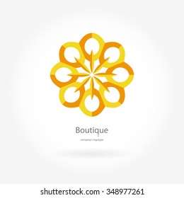 Round logo. Yellow flower. Bright yellow logo. Flower logo. The circular logo. Stylized flower. Petals. Simple logo. The brand name, emblem. Mandala. Logo boutique. Logotype for beauty. Flower shop.
