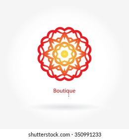 Round logo. Yellow, red flower. Bright red logo. Flower logo. The circular logo. Stylized flower. Petals. Simple logo. The brand name, emblem. Mandala. Logo boutique. Logotype for beauty. Flower shop