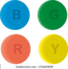 Logotipos redondos y emblemas en rojo, verde, azul, amarillo.