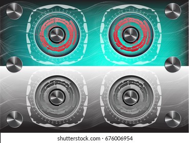 Round logos on a turquoise and gray background