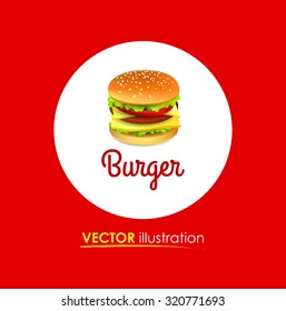 Round Logotype with Big hamburger isolated on red background, Vector Icon with symbol of fast food and lunch.