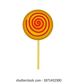 Round lollipop in the form of a spiral on a stick on a white background. Candy. Vector illustration.