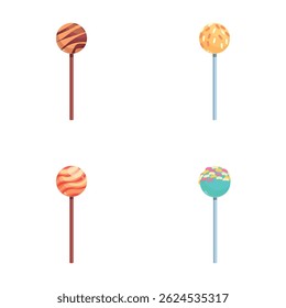 Round lollipop icons set cartoon vector. Tasty multicolored candy on stick. Sweet food