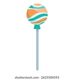 Round lollipop with orange and green swirl standing up on white background