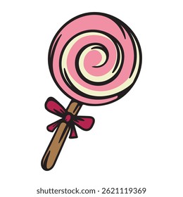 Round lollipop with a spiral design. Simple vector illustration for sticker, icon, print. Design element isolated on white background