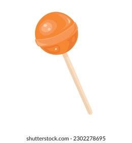Vector lollipop redondo. Candy en vectores planos de palo. Dulce vector lollipop en estilo de caricatura. Sabor de fruta. Naranja.
