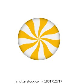 Round lollipop with yellow and light gray stripes. Sphere shape isolated on white background for festive New Year decor. Vector illustration.