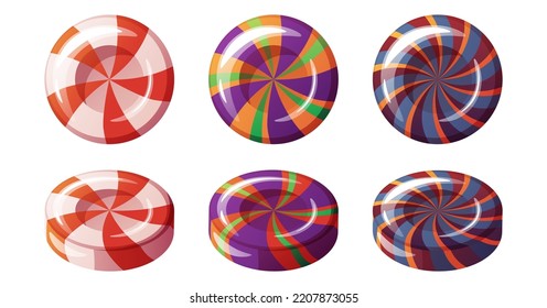 Round lollipops with spiral patterns in Halloween colors on an isolated background. A set of sweets for decor, design, etc.