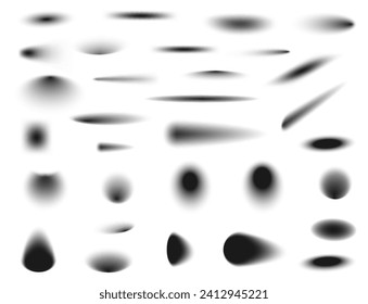 Round long and short shadow effect, isolated realistic shade from circular objects at different angles and sides. Vector soft shadowing overlay on surface, blurred black contour of shape