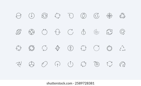 Round loop signs of refresh and recycle, loading progress, start and repeat motion, orientation and direction thin black outline symbols vector illustration. Circular arrows line icon set