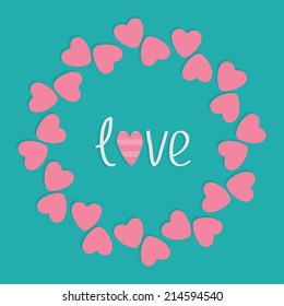 Round love frame with pink hearts. Flat design style. Vector illustration