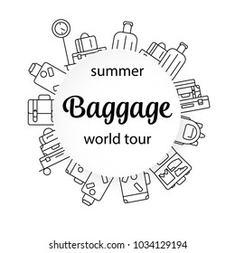 Round Luggage background. Vector illustration of thin line icons for travel Icons, baggage, suitcase and luggage. Linear and color symbols set. Symbol for websites and print media. Editable stroke.