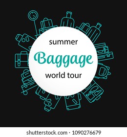 Round Luggage background. Vector illustration of thin line icons for travel Icons, baggage, suitcase and luggage. Linear and color symbols set.Symbol for websites and print media. Editable stroke.