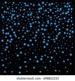 Round luminescent background of a random scatter of blue circles with a glowing effect, isolated on black.
