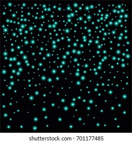 Round luminescent background of a random scatter of green circles with a glowing effect, isolated on black.
