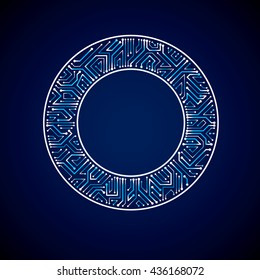 Round luminescent blue circuit board with electronic components of technology device. Computer motherboard cybernetic vector abstraction with flash effect.