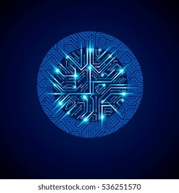 Round luminescent blue circuit board with electronic components of technology device. Computer motherboard cybernetic vector abstraction with flash effect.