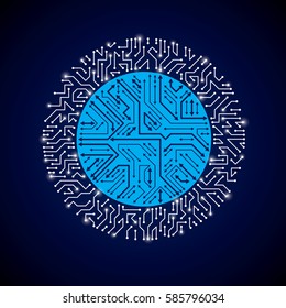 Round luminescent blue circuit board with electronic components of technology device. Computer motherboard cybernetic vector abstraction with flash effect and arrows.