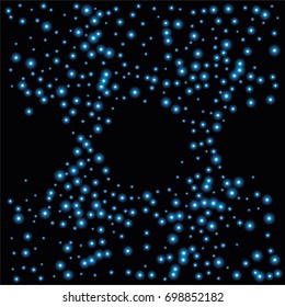Round luminescent frames or borders of a random scatter of blue circles with a glowing effect, isolated on black.