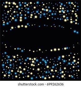 Round luminescent frames or borders of a random scatter of golden and blue circles with a glowing effect, isolated on black.