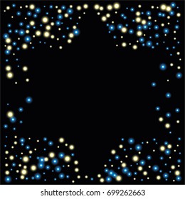 Round luminescent frames or borders of a random scatter of golden and blue circles with a glowing effect, isolated on black.