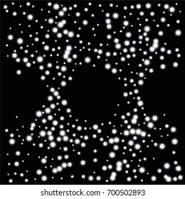 Round luminescent frames or borders of a random scatter of white circles with a glowing effect, isolated on black.