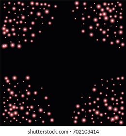 Round luminescent frames or borders of a random scatter of red circles with a glowing effect, isolated on black.