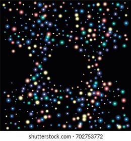 Round luminescent frames or borders of a random scatter of rainbow circles with a glowing effect, isolated on black.