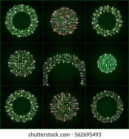 Round luminescent green circuit boards with electronic components of technology device. Computer motherboards cybernetic vector abstractions with flash effect and arrows.