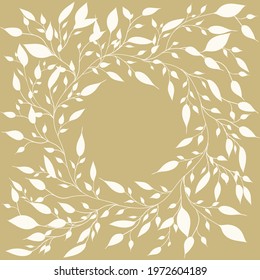 Round luxury frame with hand drawn white leaves on a golden background with copy space for wedding invitations, cards, banners, posters. Vector illustration.