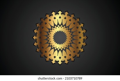 Round luxury mandala on black isolated background. Vector boho mandala in gold color. Mandala with floral patterns. Yoga template