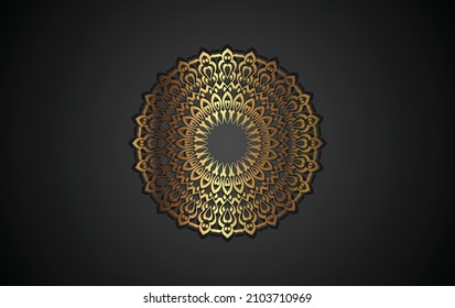 Round luxury mandala on black isolated background. Vector boho mandala in gold color. Mandala with floral patterns. Yoga template