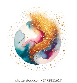 Round luxury watercolor splash blot splatter stain with gold glitters. Watercolor brush strokes. Beautiful modern hand drawn vector illustration. Isolated colorful textured design on white background.