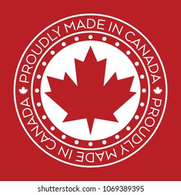 A round made in Canada badge with a large vector maple leaf in the middle.