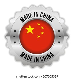 Round made in china badge with chrome border on white background